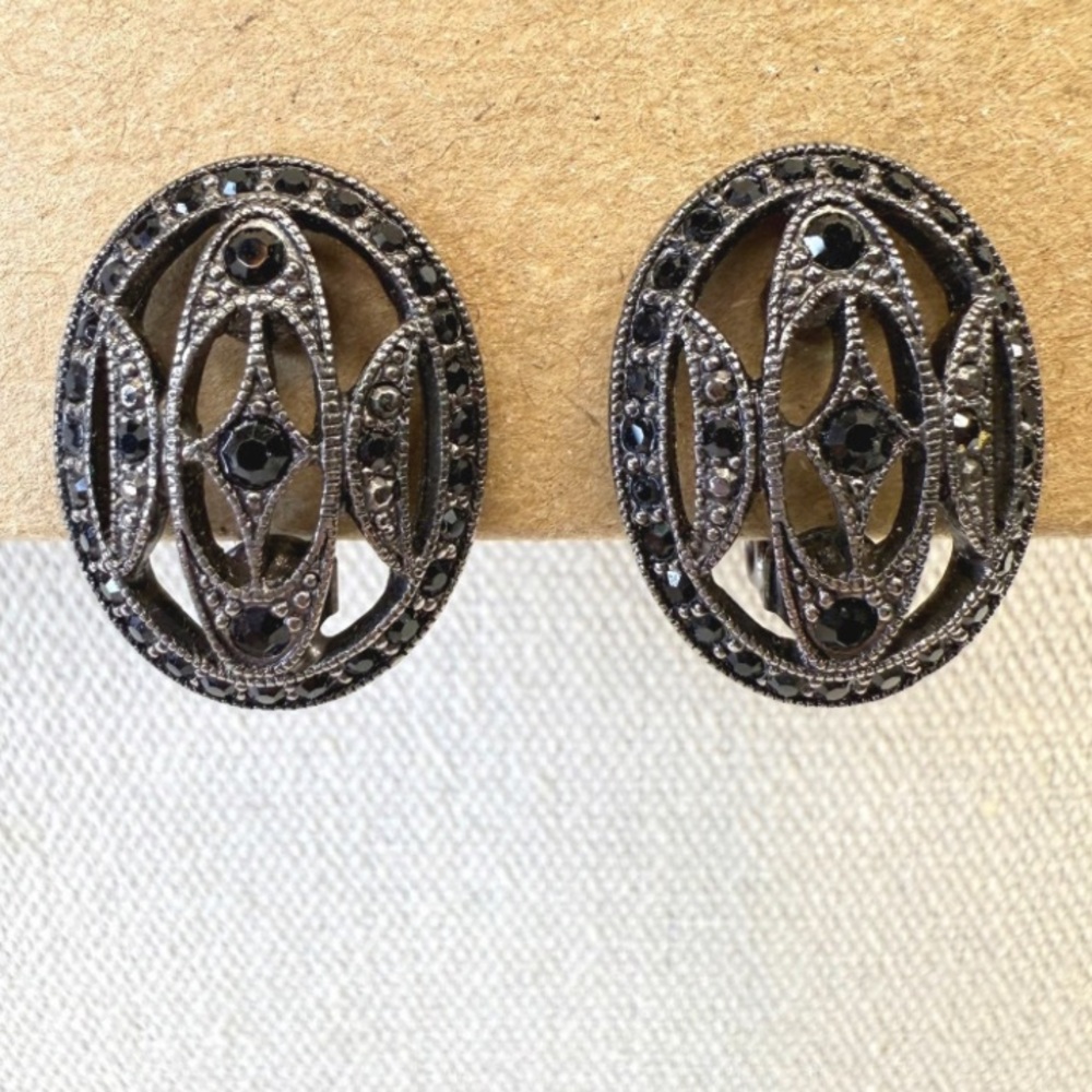 Vintage Monet Oval Clip On Earrings Black Rhinestone Art Deco Style